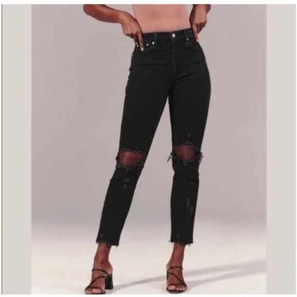 Abercrombie & fitch black mom busted knee curve love denim jean size 24 - Picture 1 of 7